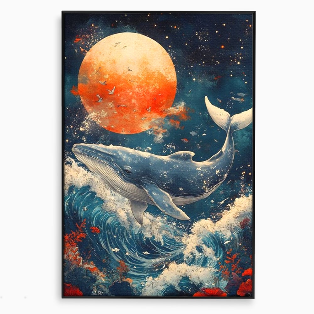 Tablou canvas cu tablou canvas cu balena si luna, in rama de aluminiu negru